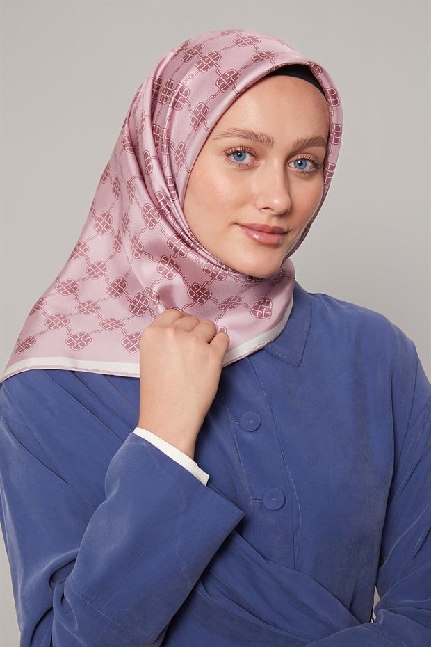 Pembe Mini Yonca Desen Twill İpek Eşarp