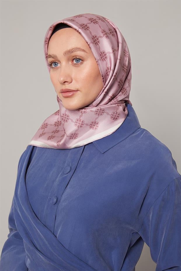 Pembe Mini Yonca Desen Twill İpek Eşarp