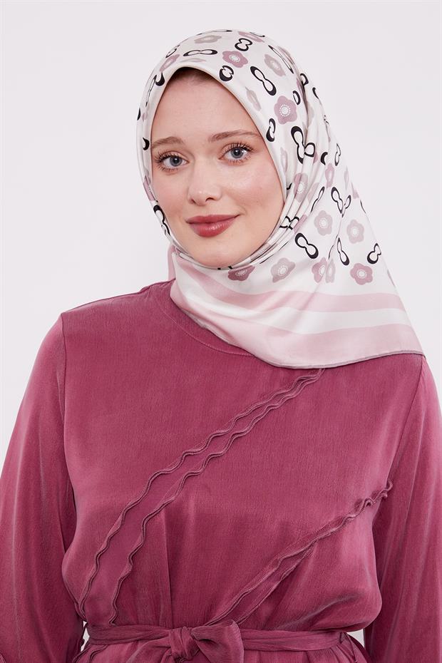 Pembe Papatya Desen Twill İpek Eşarp