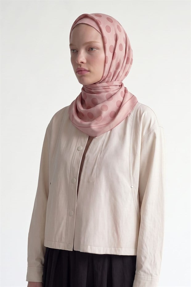 Pembe Puantiyeli Twill İpek Eşarp