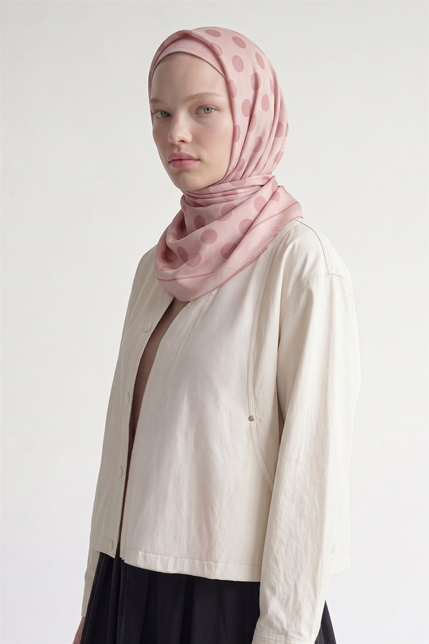 Pembe Puantiyeli Twill İpek Eşarp