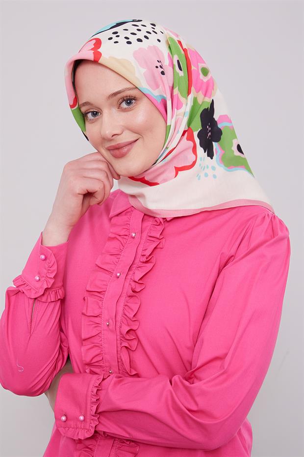 Pembe Soyut Çiçek Desen Aura Eşarp