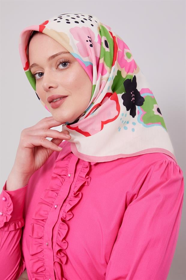 Pembe Soyut Çiçek Desen Aura Eşarp
