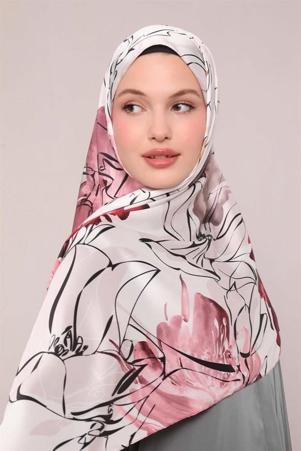 Pembe Soyut Çiçek Desen Twill Şal