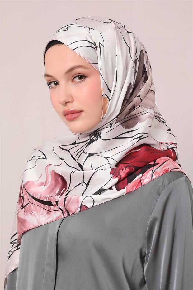 Pembe Soyut Çiçek Desen Twill Şal
