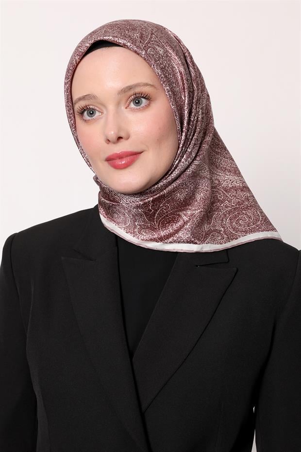 Pembe Soyut Etnik Desen Twill İpek Eşarp