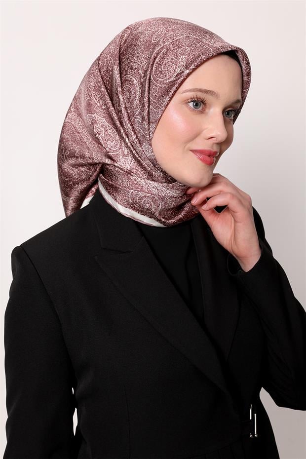 Pembe Soyut Etnik Desen Twill İpek Eşarp