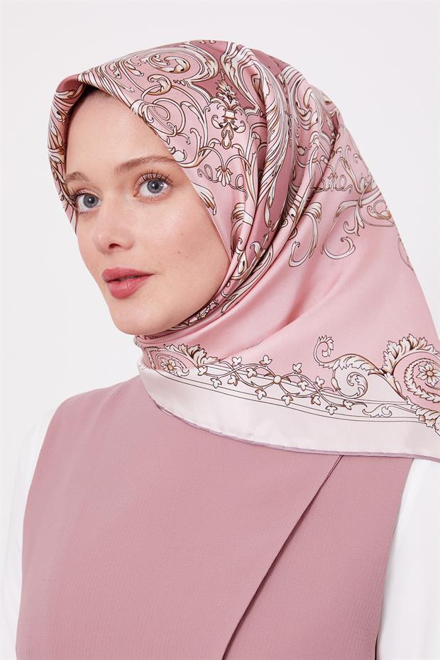 Pembe Varak Desenli Twill İpek Eşarp