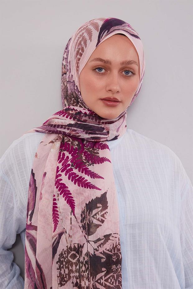 Pembe Yaprak Desen Pamuk Şal