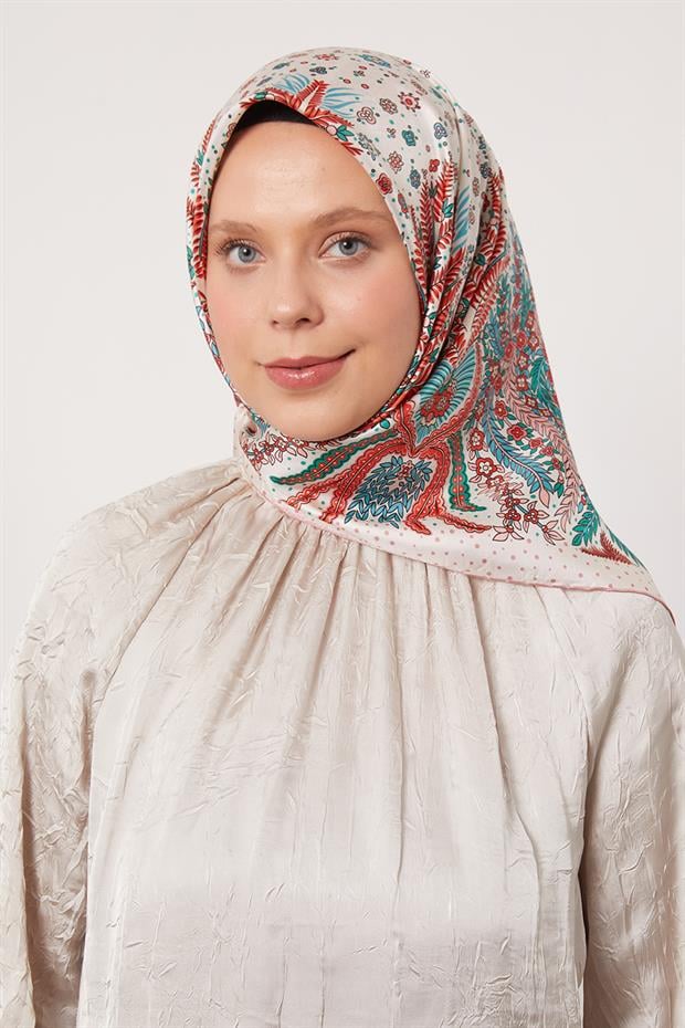 Pembe Yaprak  Desen Twill İpek Eşarp