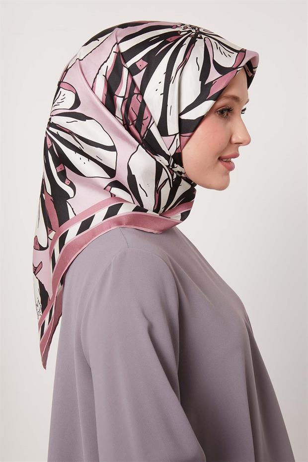 Pembe Zambak Desen Twill İpek Eşarp