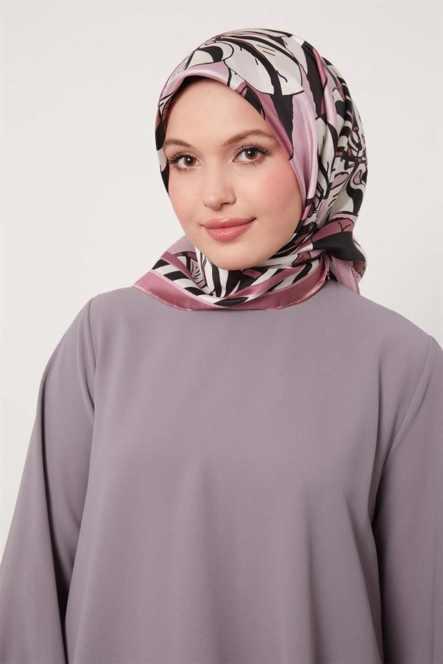 Pembe Zambak Desen Twill İpek Eşarp