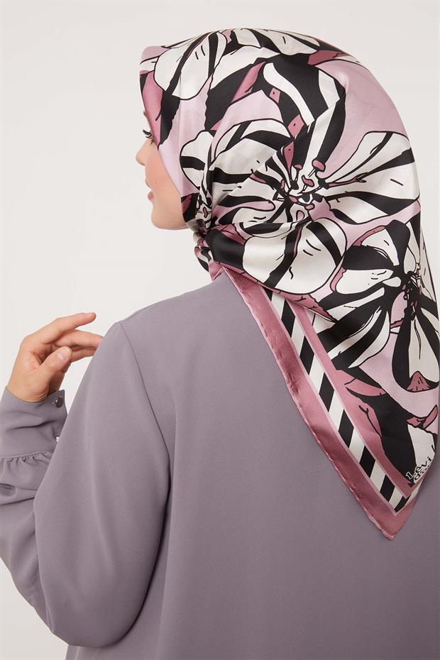 Pembe Zambak Desen Twill İpek Eşarp