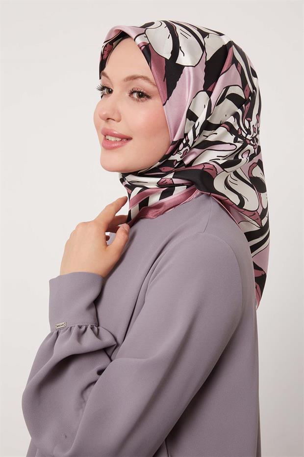 Pembe Zambak Desen Twill İpek Eşarp