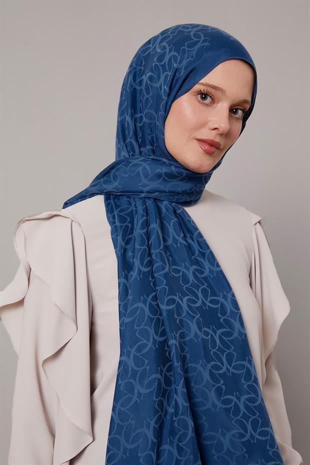 Petrol Mavi Geometrik Desen Grazia Şal