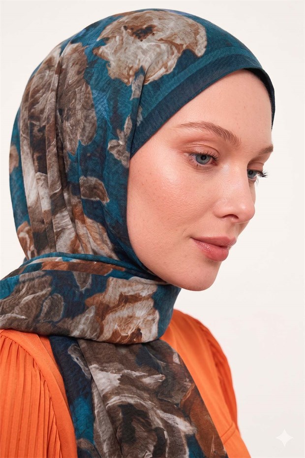 Petrol Mavi Gül Desenli Tencel Şal