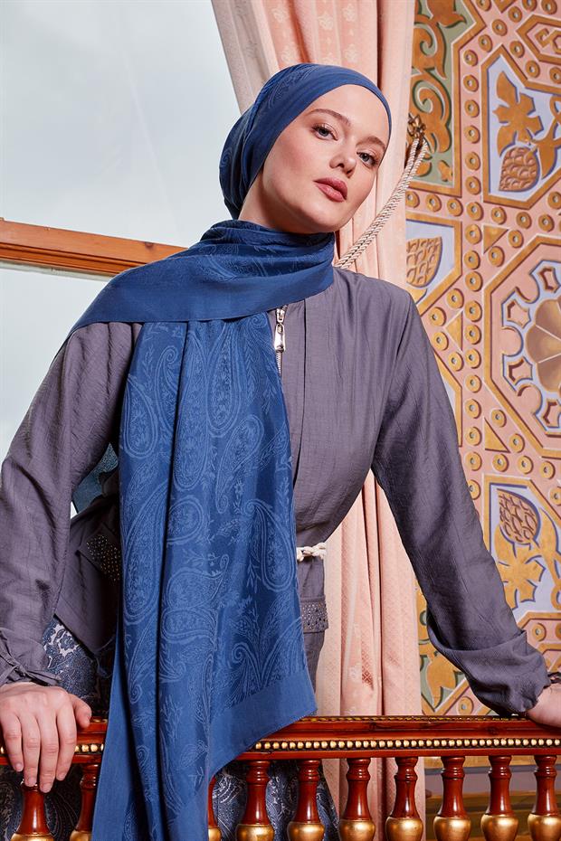 Petrol Mavi Hint Desen Grazia Şal