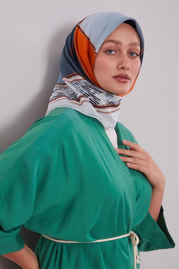 Petrol Mavi Karışık Geometrik Desen Pamuk Eşarp