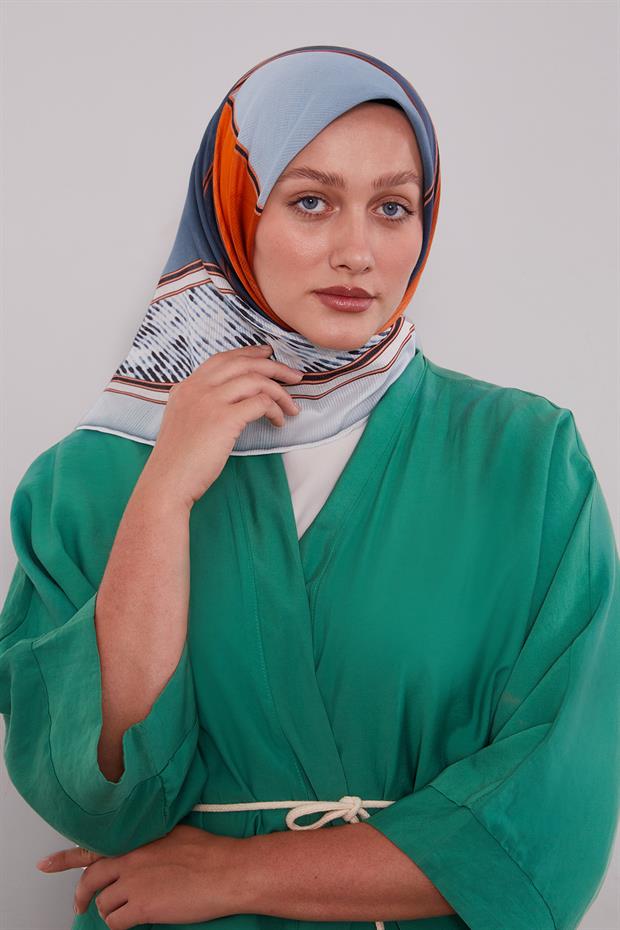 Petrol Mavi Karışık Geometrik Desen Pamuk Eşarp