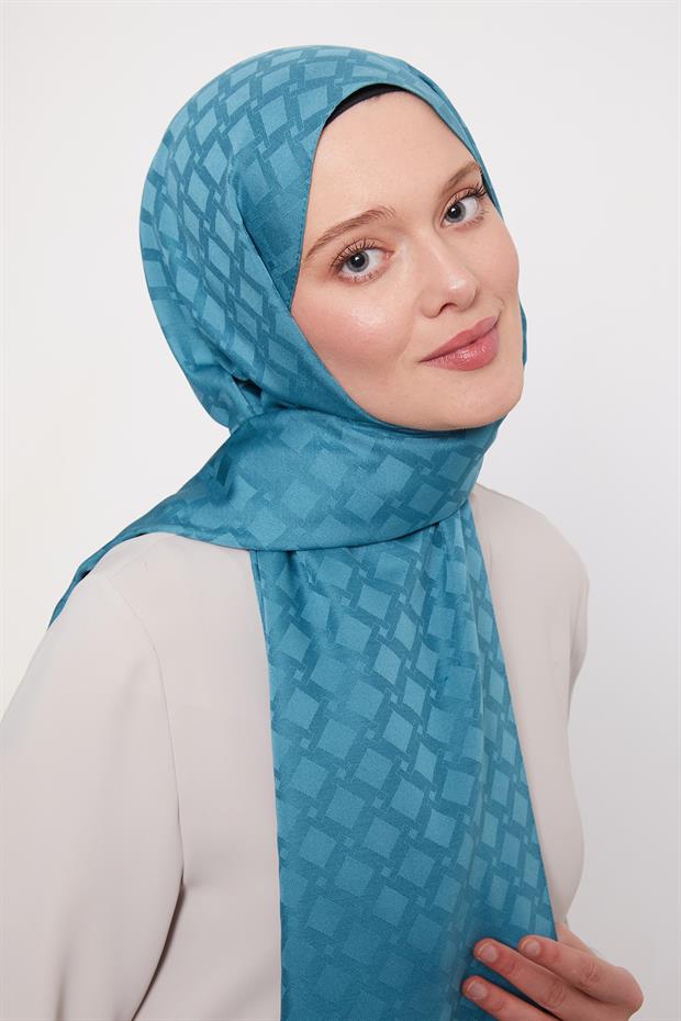 Petrol Yeşili Kare Geçişli Desen Blue Jakar Şal