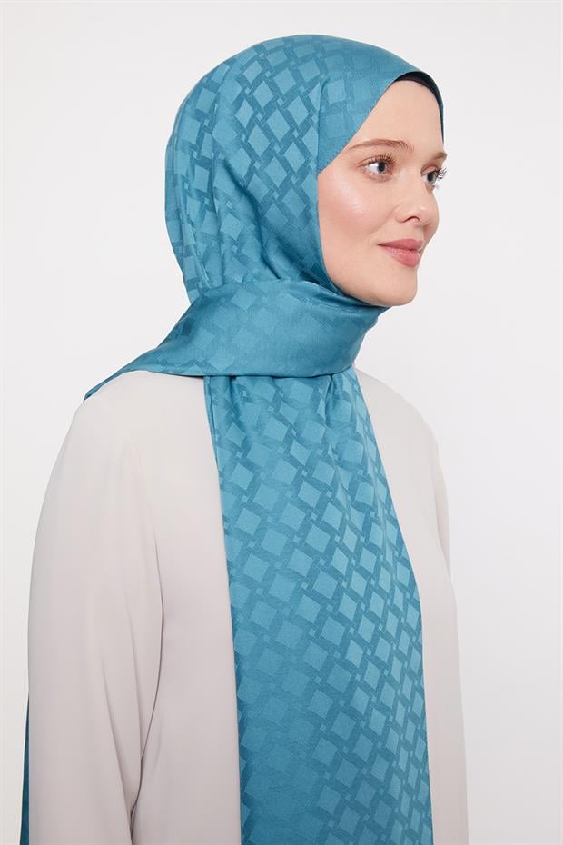Petrol Yeşili Kare Geçişli Desen Blue Jakar Şal