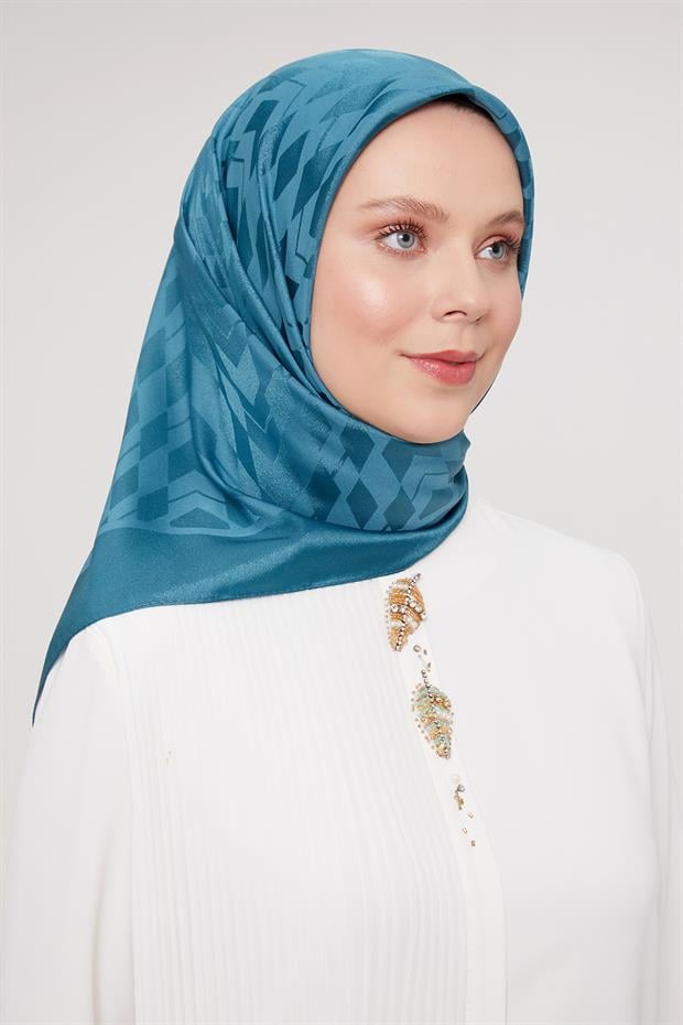 Petrol Yeşili Baklava Desen Kristal Jakar Eşarp