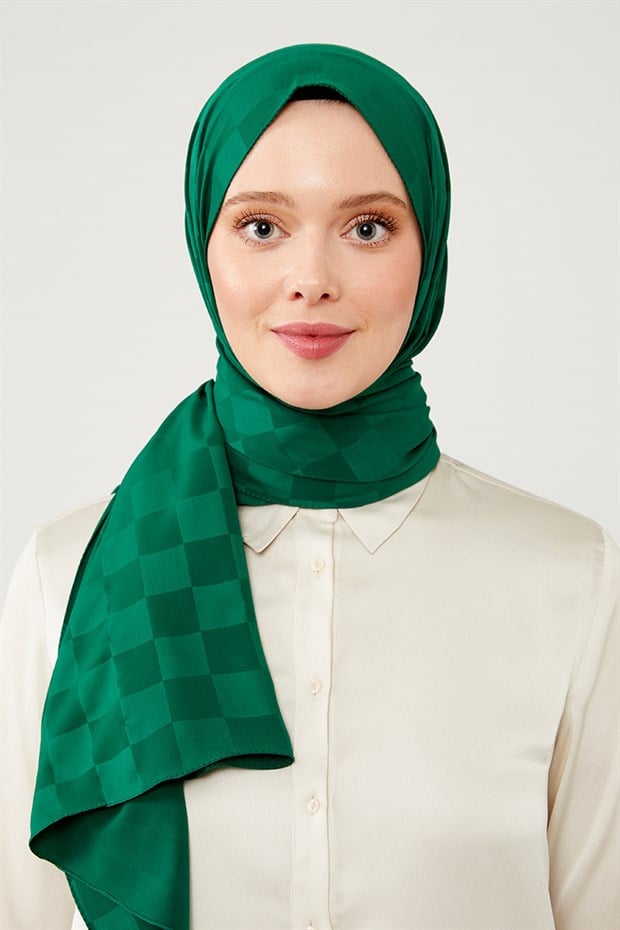 Petrol Yeşili Dama Desen Jakarlı Elegance Şal