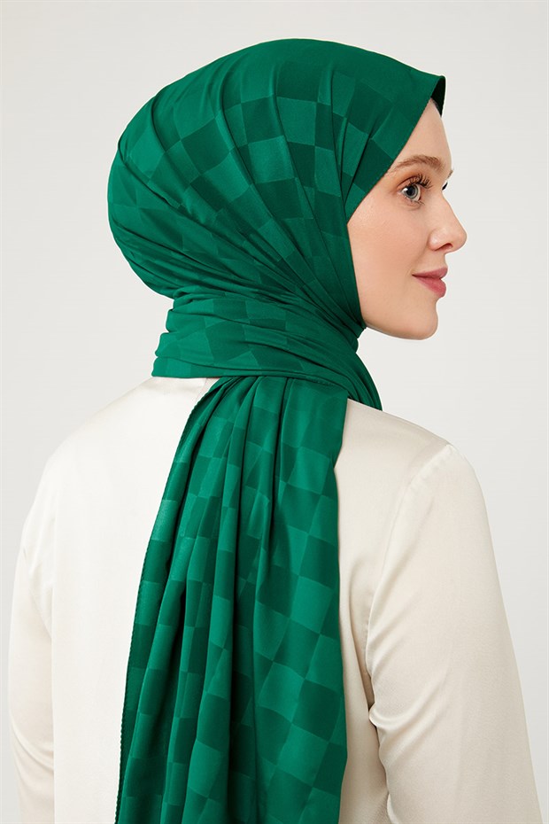 Petrol Yeşili Dama Desen Jakarlı Elegance Şal