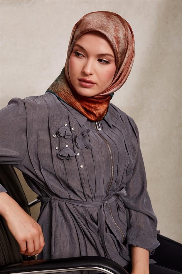 Petrol Yeşili Desenli Twill İpek Eşarp