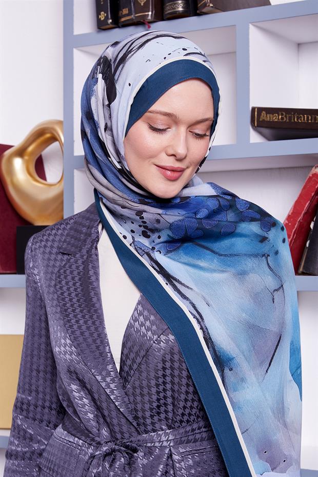 Petrol Yeşili Ebruli Desen Royal Şal