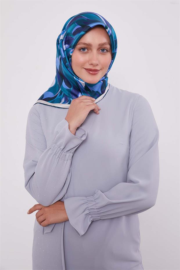 Petrol Yeşili Ebruli Desen Twill İpek Eşarp