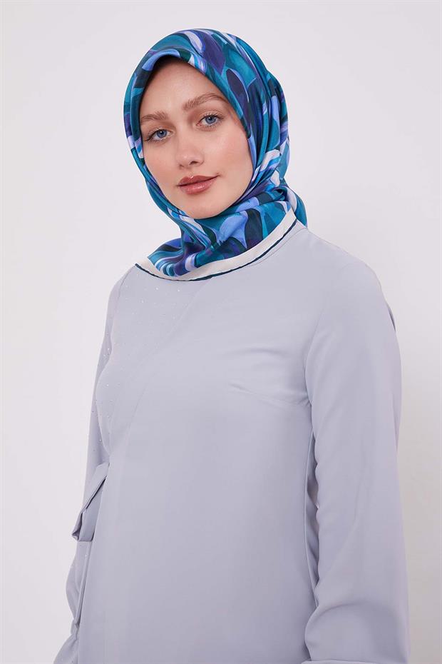 Petrol Yeşili Ebruli Desen Twill İpek Eşarp