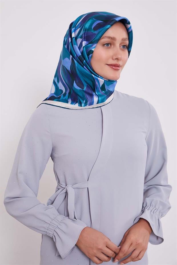 Petrol Yeşili Ebruli Desen Twill İpek Eşarp