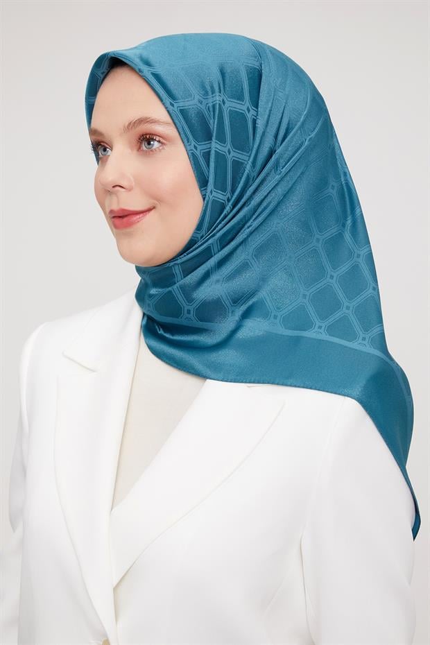 Petrol Yeşili Geometrik Kristal Jakar Eşarp