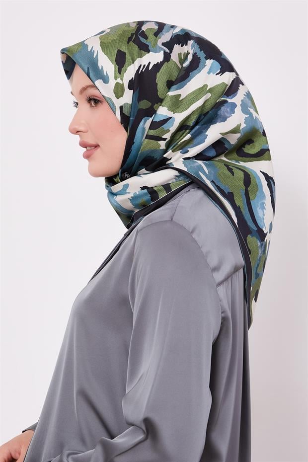 Petrol Yeşili Kamuflaj Desen Twill İpek Eşarp