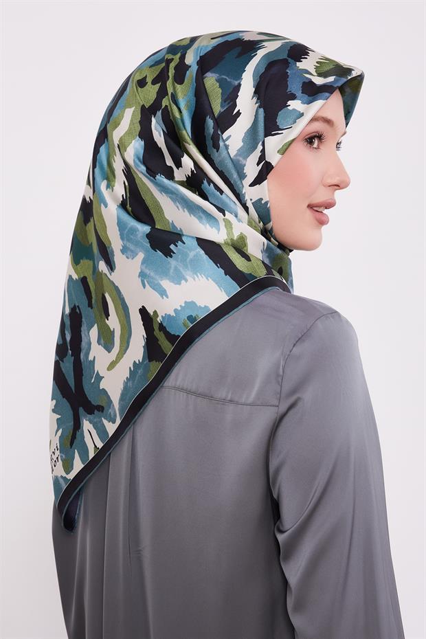 Petrol Yeşili Kamuflaj Desen Twill İpek Eşarp