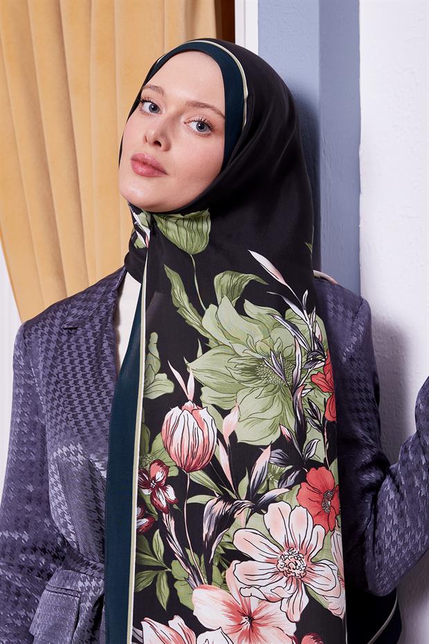 Petrol Yeşili Kenar Çiçek Desen Royal Şal