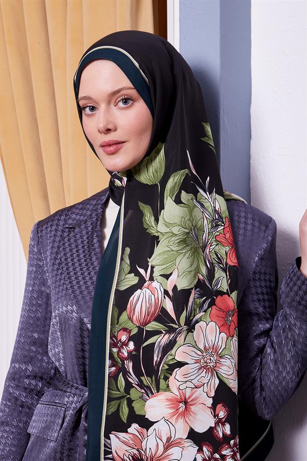 Petrol Yeşili Kenar Çiçek Desen Royal Şal