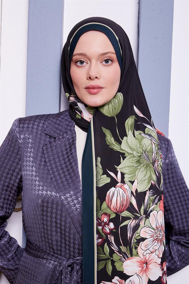 Petrol Yeşili Kenar Çiçek Desen Royal Şal