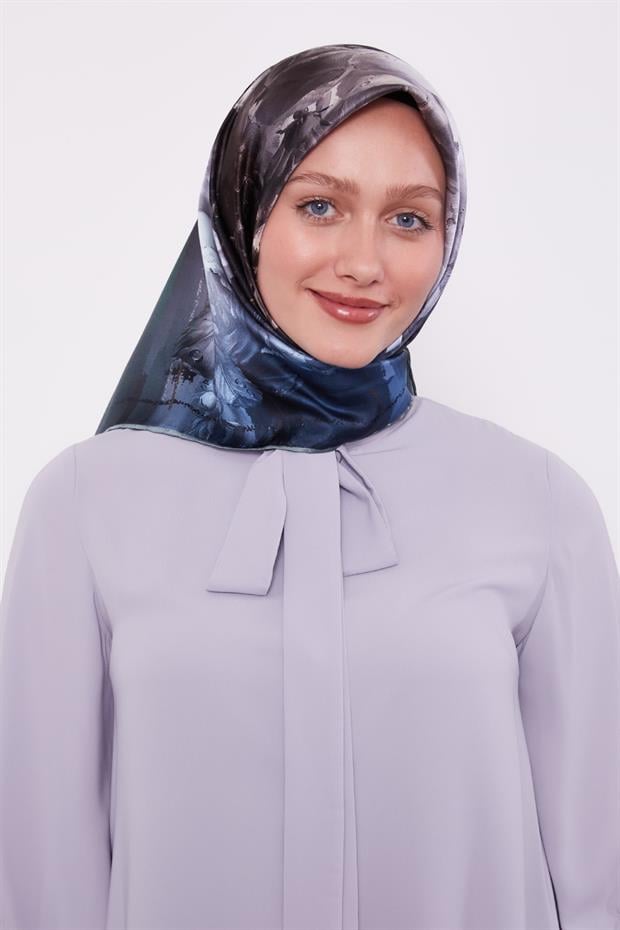 Petrol Yeşili Menekşe Desen Sura İpek Eşarp