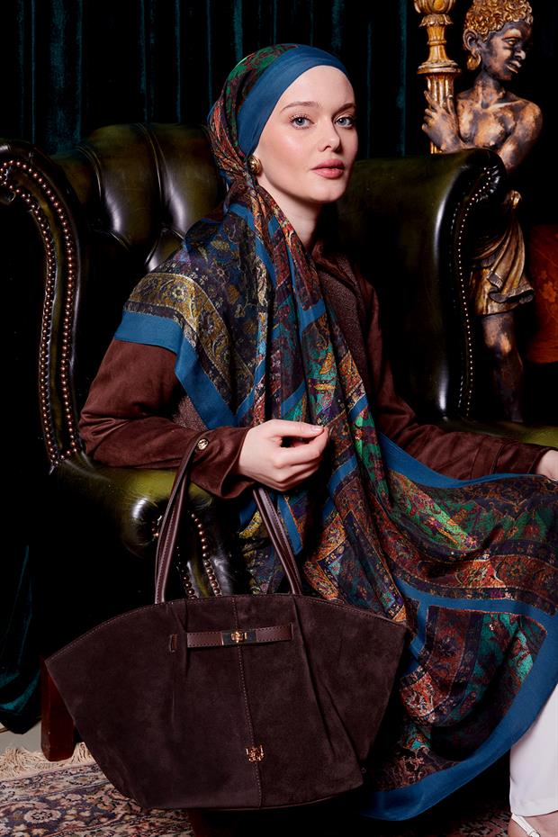 Petrol Yeşili Motif Desen Royal Şal