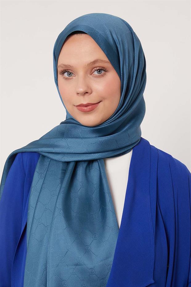 Petrol Yeşili Petek Desen Monogram İpek Şal