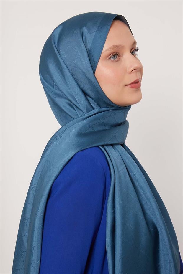 Petrol Yeşili Petek Desen Monogram İpek Şal