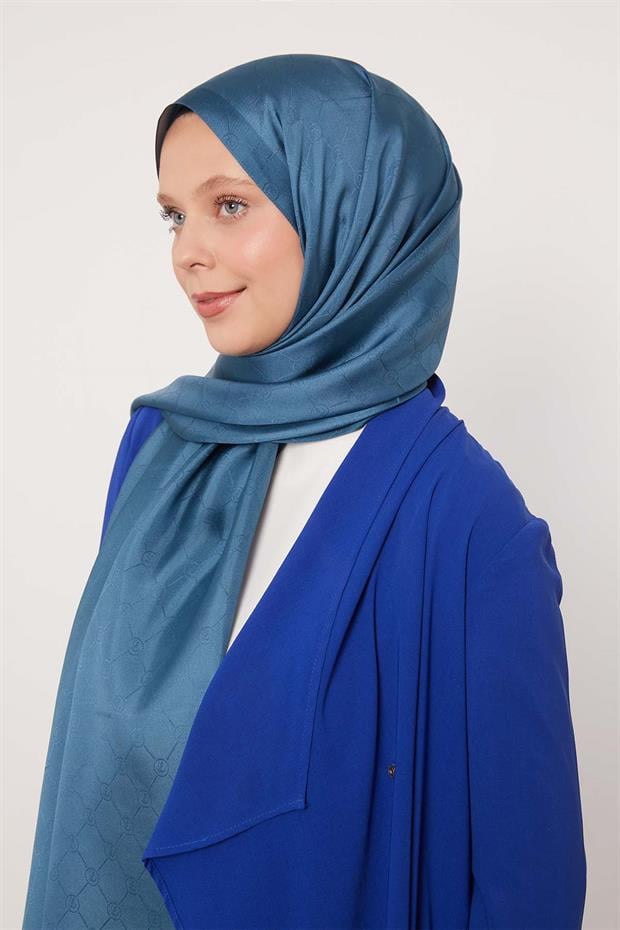 Petrol Yeşili Petek Desen Monogram İpek Şal