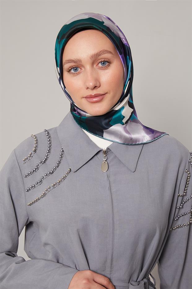 Petrol Yeşili Soyut Çiçek Desen Sura İpek Eşarp