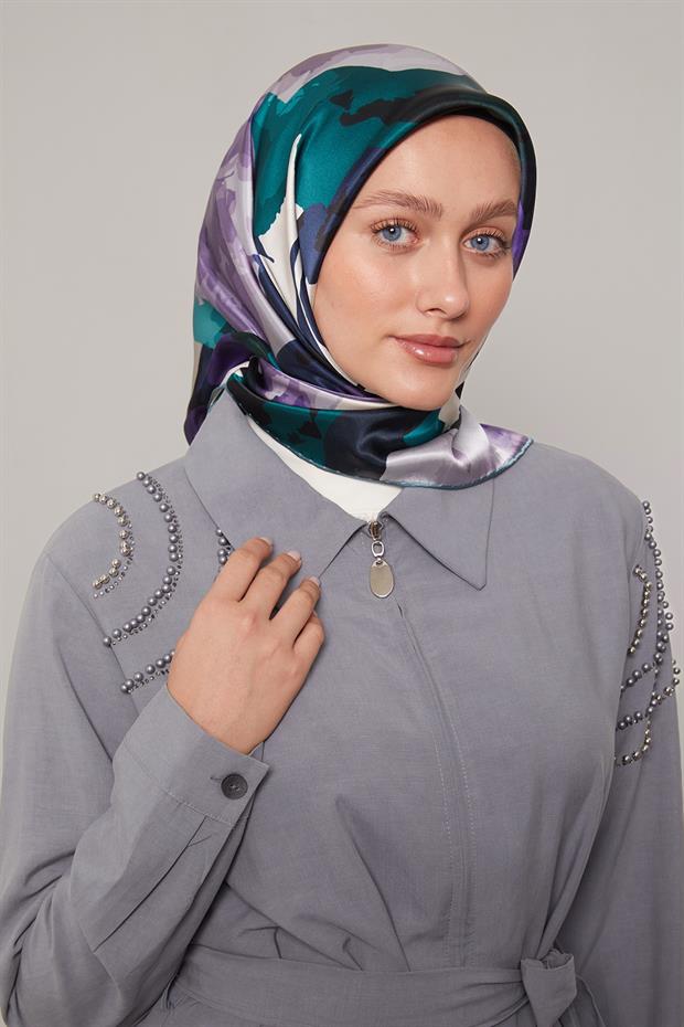 Petrol Yeşili Soyut Çiçek Desen Sura İpek Eşarp