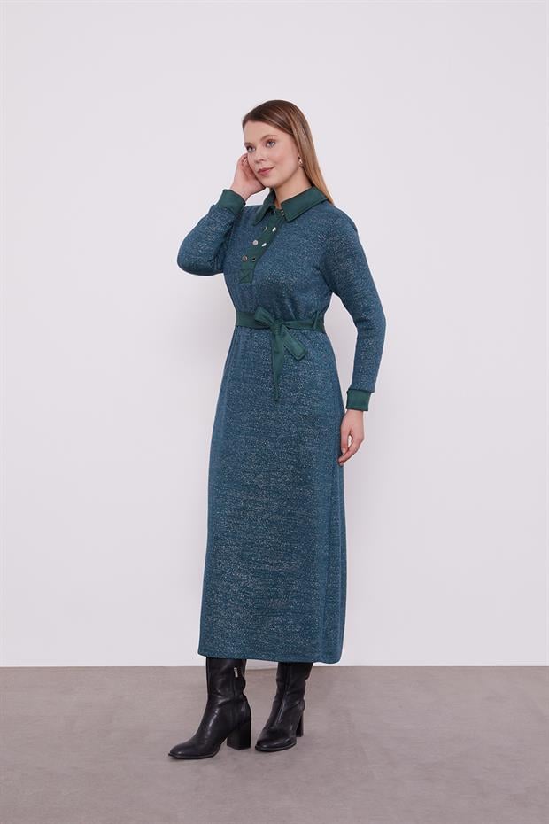 Petrol Yeşili Süet Garnili Kaşmir Elbise