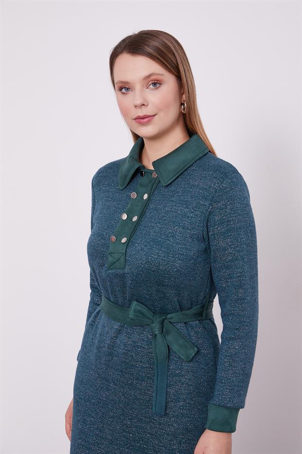 Petrol Yeşili Süet Garnili Kaşmir Elbise