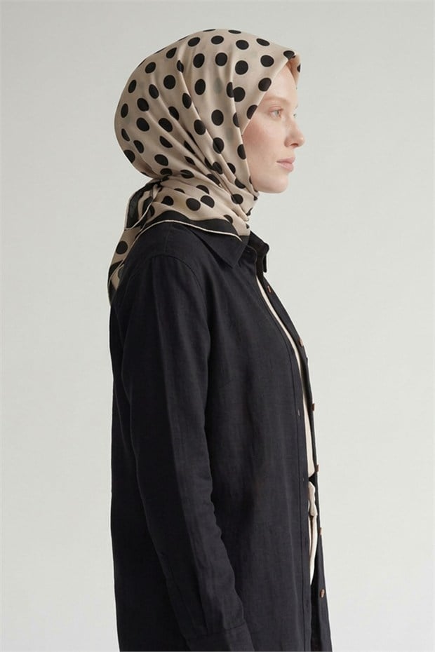 Puantiyeli Twill İpek Eşarp Ekru