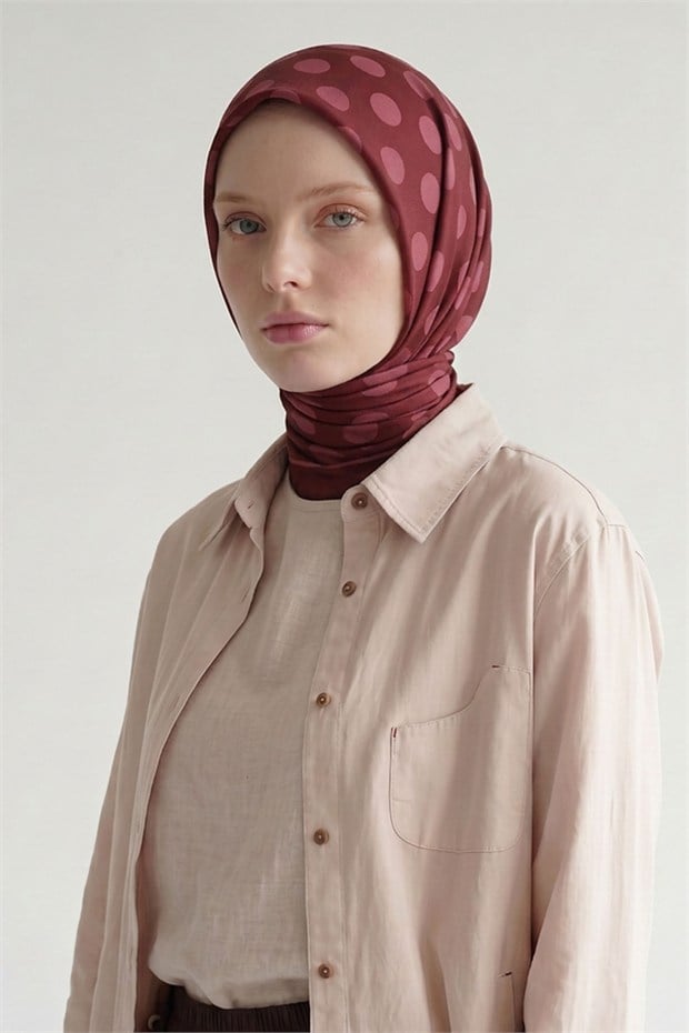 Puantiyeli Twill İpek Eşarp Fuşya